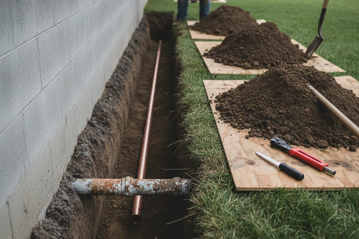 Excavated water line trench during Water Heater Repair in Stevensville